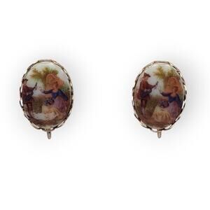 Courting Couple Porcelain Clip-On Earrings Vintage – Victorian Romance